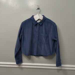 American Eagle Cropped Corduroy Button Up Shirt Woman M Blue Soft Preppy Casual